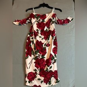 Strapless mini dress pink with red roses very stretchy